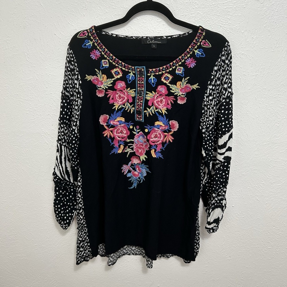 Calessa Black Floral Embroidered Mixed Media Top Blouse 3/4 Sleeve Lagenlook LRG